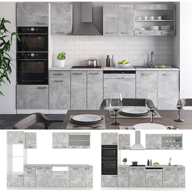 Vicco Kuche R Line 300 Cm Kuchenzeile Kuchenblock Einbaukuche Beton Ohne Arbeitsplatten Online Kaufen Bei Netto